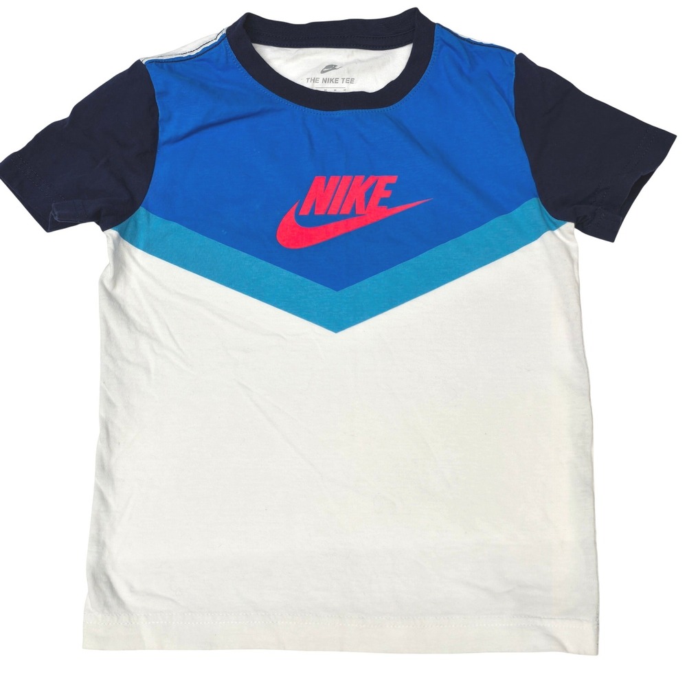 Nike Boys Blue White Chevron Colorblock Logo T-Shirt Size 6 Athletic Cut